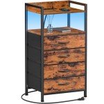 Rustic Brown Night Stand with Charging Station and LED Light