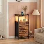 Rustic Brown Night Stand with Charging Station and LED Light