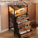 Rustic Brown Night Stand with Charging Station and LED Light