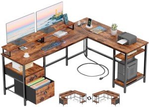 L-Shaped Rustic Home Office Desk with Power Outlet