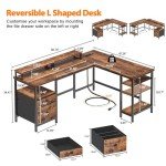 L-Shaped Rustic Home Office Desk with Power Outlet