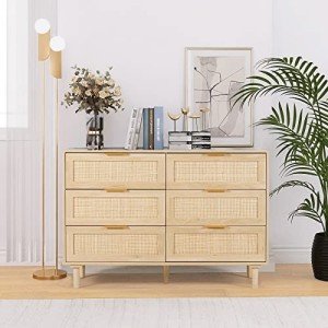 Stylish 6-Drawer Rattan Dresser with Gold Handles