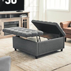 Dark Gray Storage Ottoman and Footrest, 90x90cm
