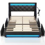 Rolanstar Queen Bed Frame with LED Lights & Drawers