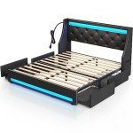 Rolanstar Queen Bed Frame with LED Lights & Drawers