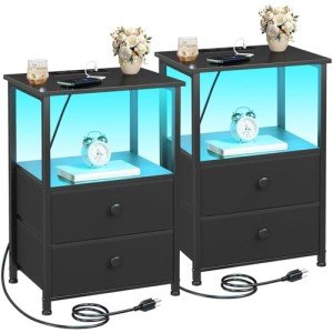 LED Nightstand Set with Charging Station and Storage