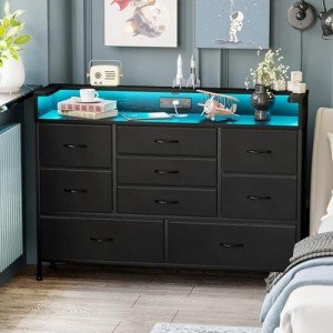 Black LED Dresser with 9 Drawers and Charging Station