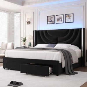 HITHOS King Velvet LED Bed Frame with Storage