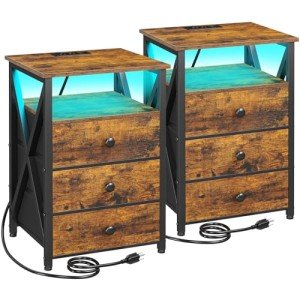 LED Nightstand Set with Charging Station & Drawers