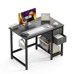 Compact Black Computer Desk with Storage and Hook