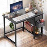 Compact Black Computer Desk with Storage and Hook
