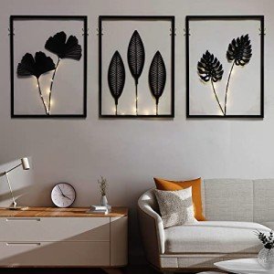 Black Metal Wall Art with Light Strips - 3 Pcs