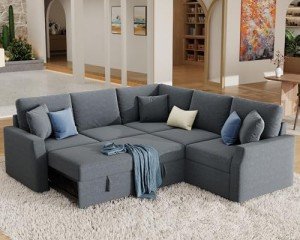 Grey L-Shaped Sleeper Sofa Bed with Storage