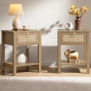 Set of 2 Boho Rattan Nightstands with Drawers