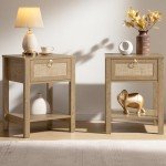 Set of 2 Boho Rattan Nightstands with Drawers