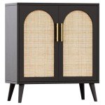Black and Natural Rattan Storage Cabinet with Doors