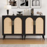 Black and Natural Rattan Storage Cabinet with Doors