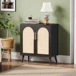 Black and Natural Rattan Storage Cabinet with Doors
