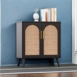 Black and Natural Rattan Storage Cabinet with Doors
