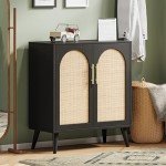 Black and Natural Rattan Storage Cabinet with Doors