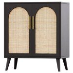 Black and Natural Rattan Storage Cabinet with Doors
