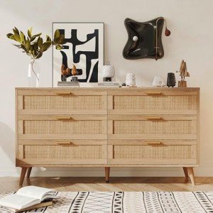 Modern 6-Drawer Rattan Dresser with Golden Handles