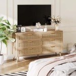 Modern 6-Drawer Rattan Dresser with Golden Handles