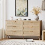Modern 6-Drawer Rattan Dresser with Golden Handles