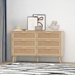 Modern 6-Drawer Rattan Dresser with Golden Handles