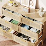 Modern 6-Drawer Rattan Dresser with Golden Handles
