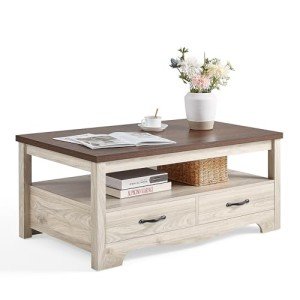LINSY HOME Farmhouse Coffee Table with Storage Drawers