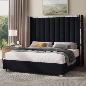 Jocisland King Bed Frame with Tall Velvet Headboard