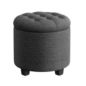 Round Storage Ottoman with Solid Wood Legs, Dark Gray