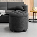 Round Storage Ottoman with Solid Wood Legs, Dark Gray