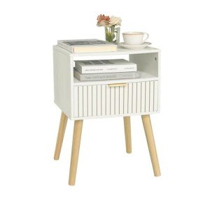 White Mid Century Modern Nightstand with 2-Tier Storage