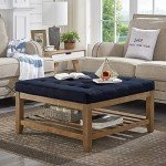 Navy Blue Upholstered Square Tufted Ottoman Footrest