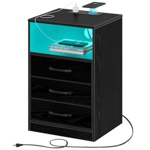 Modern Black Nightstand with Charging Station and LED Lights