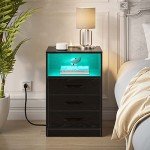 Modern Black Nightstand with Charging Station and LED Lights