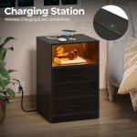 Modern Black Nightstand with Charging Station and LED Lights