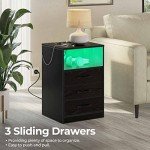 Modern Black Nightstand with Charging Station and LED Lights
