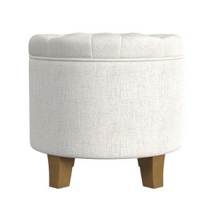 Cream Upholstered Round Tufted Ottoman with Storage