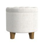 Cream Upholstered Round Tufted Ottoman with Storage