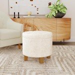 Cream Upholstered Round Tufted Ottoman with Storage