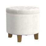 Cream Upholstered Round Tufted Ottoman with Storage