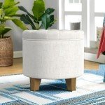 Cream Upholstered Round Tufted Ottoman with Storage