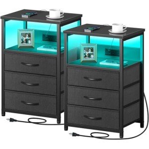 Stylish Black Nightstand Set with Charging Station