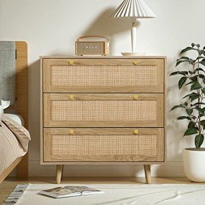Modern 3 Drawer Rattan Dresser in Rustic Oak