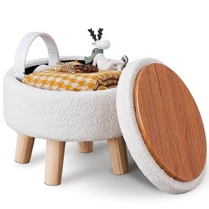 Round Velvet Storage Ottoman with Wood Legs (Cream)