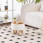 Round Velvet Storage Ottoman with Wood Legs (Cream)