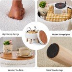 Round Velvet Storage Ottoman with Wood Legs (Cream)